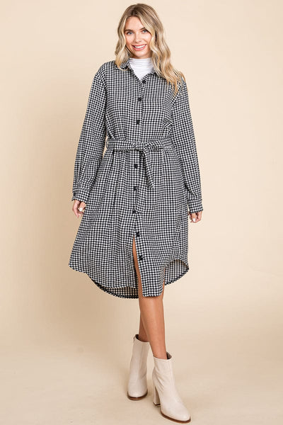 Belted Plaid and Houndstooth Shacket Shirt Dress