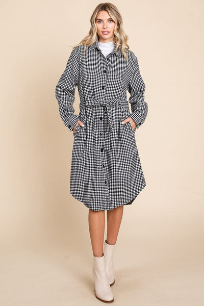 Belted Plaid and Houndstooth Shacket Shirt Dress