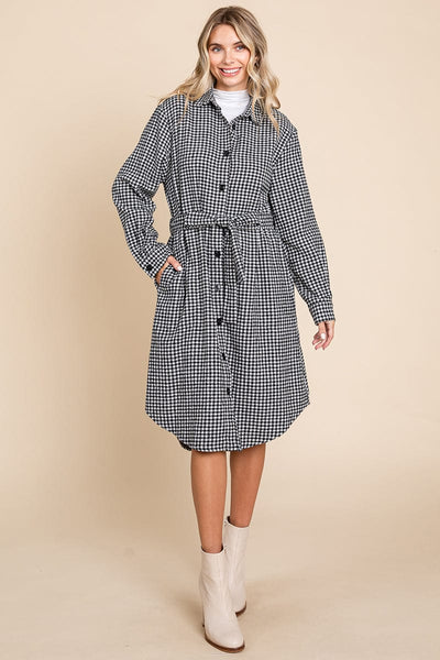 Belted Plaid and Houndstooth Shacket Shirt Dress