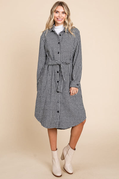 Belted Plaid and Houndstooth Shacket Shirt Dress