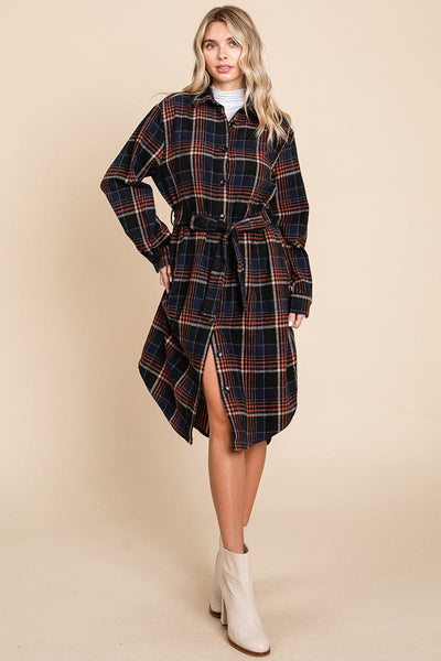 Belted Plaid and Houndstooth Shacket Shirt Dress