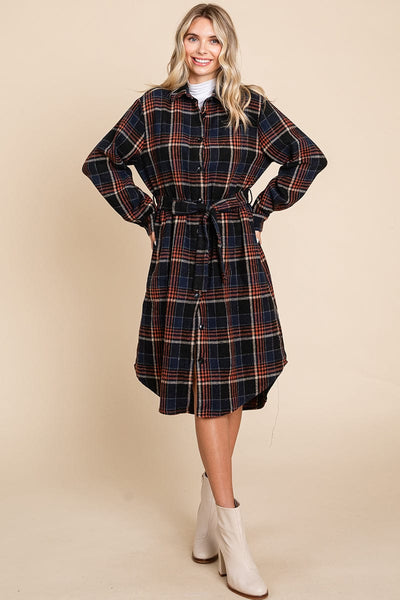 Belted Plaid and Houndstooth Shacket Shirt Dress