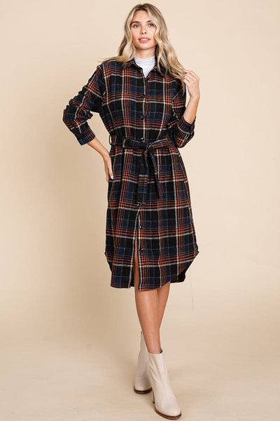 Belted Plaid and Houndstooth Shacket Shirt Dress