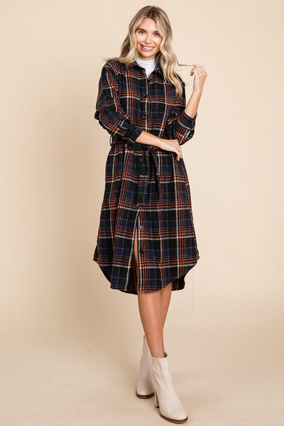 Belted Plaid and Houndstooth Shacket Shirt Dress