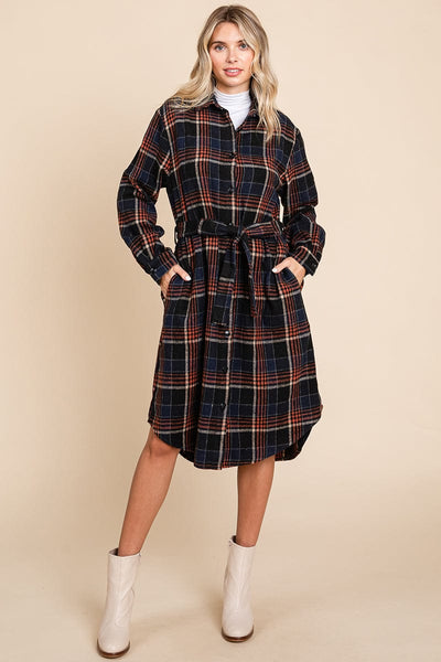 Belted Plaid and Houndstooth Shacket Shirt Dress