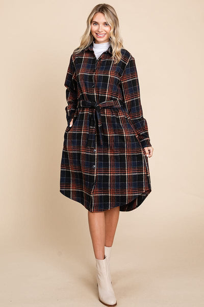 Belted Plaid and Houndstooth Shacket Shirt Dress