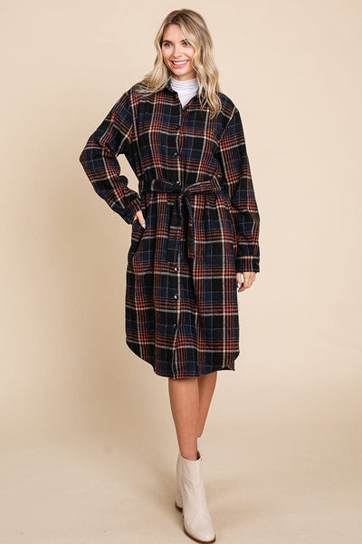 Belted Plaid and Houndstooth Shacket Shirt Dress