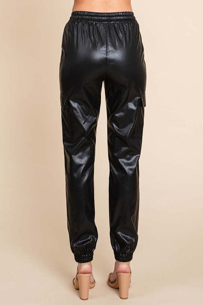 Faux Leather Drawstring Waist Pocketed Cargo Pants