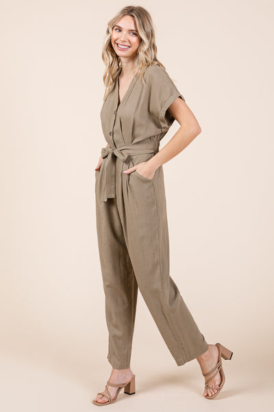 Tie Waist Short Sleeve V neck Linen Jumpsuit