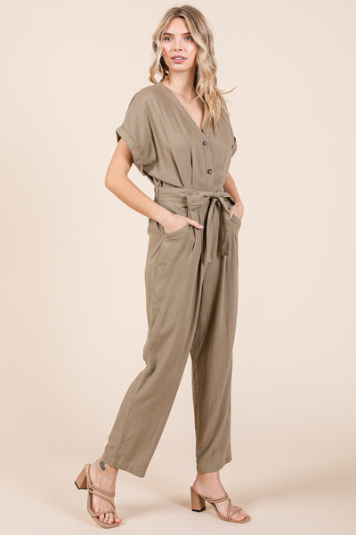 Tie Waist Short Sleeve V neck Linen Jumpsuit