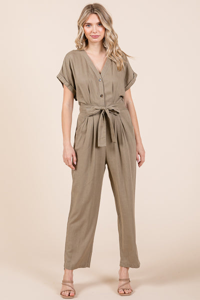 Tie Waist Short Sleeve V neck Linen Jumpsuit