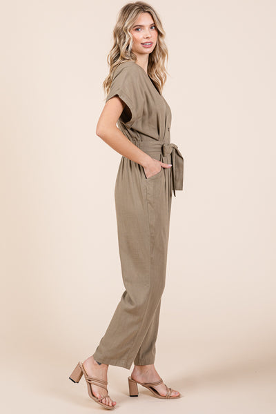 Tie Waist Short Sleeve V neck Linen Jumpsuit