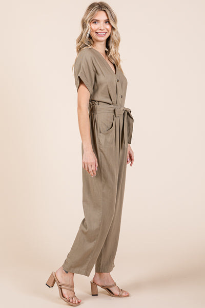 Tie Waist Short Sleeve V neck Linen Jumpsuit