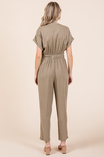 Tie Waist Short Sleeve V neck Linen Jumpsuit