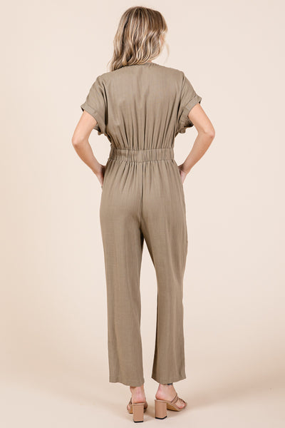 Tie Waist Short Sleeve V neck Linen Jumpsuit