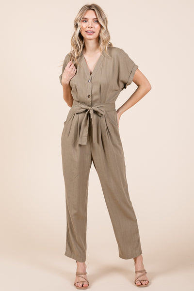 Tie Waist Short Sleeve V neck Linen Jumpsuit