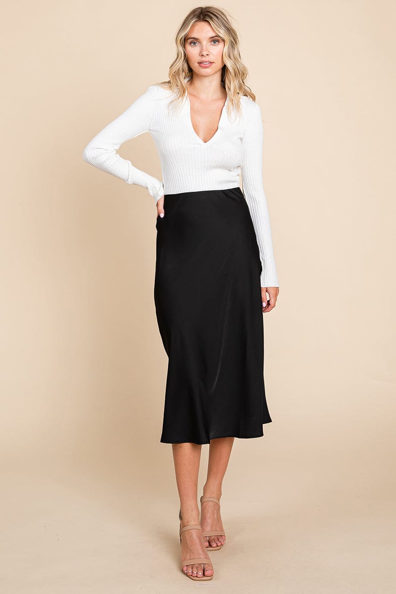 High Waist Satin A line Midi Skirt