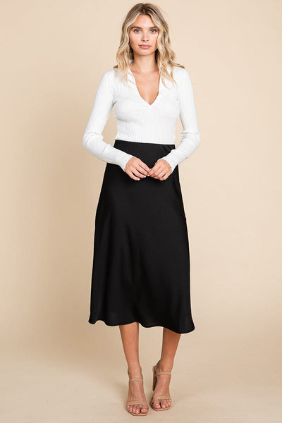 High Waist Satin A line Midi Skirt