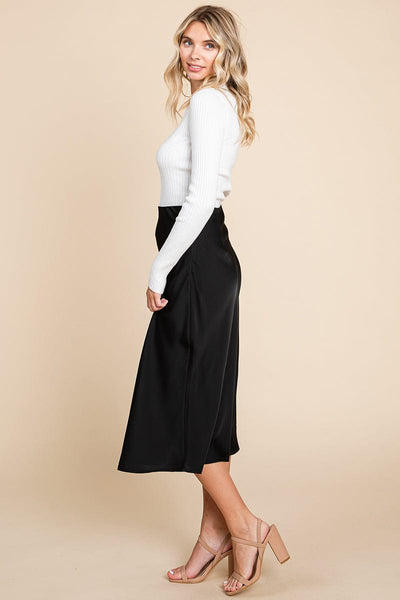 High Waist Satin A line Midi Skirt