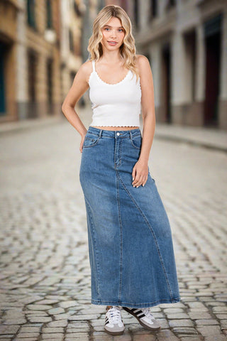 A line Paneled Denim Long Maxi Skirt