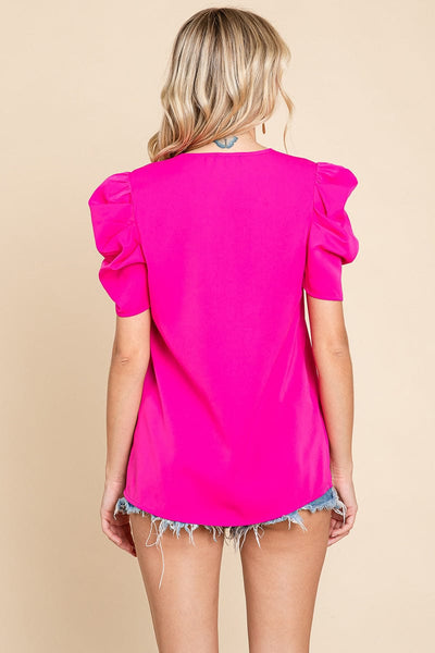 Notched Neck Puff Short Sleeve Seam Front Blouse