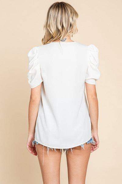 Notched Neck Puff Short Sleeve Seam Front Blouse
