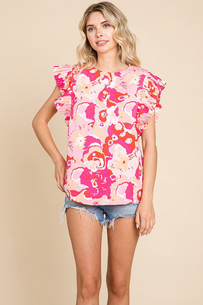 Self Double Layered Floral Ruffled Tops