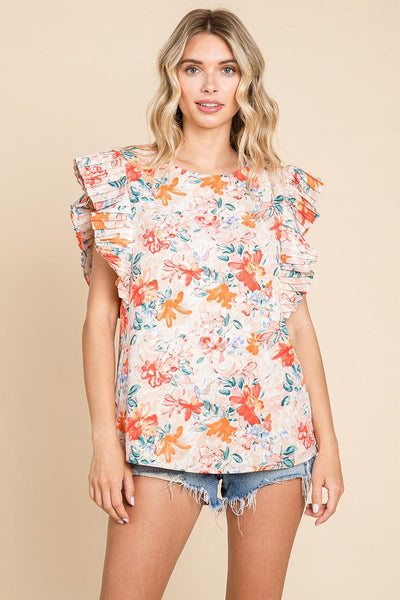 Self Double Layered Floral Ruffled Tops