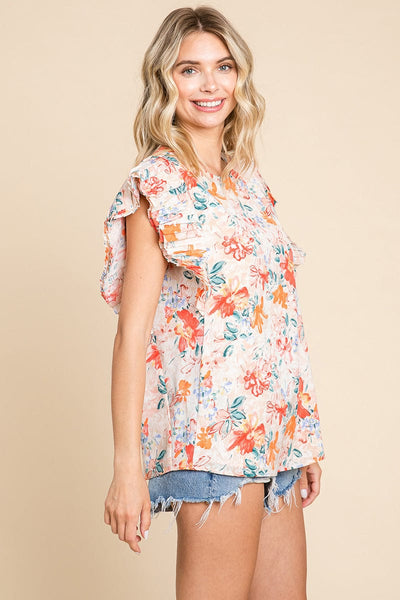 Self Double Layered Floral Ruffled Tops