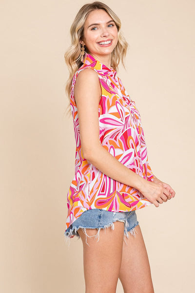 Collared  Sleeveless  Printed Blouse