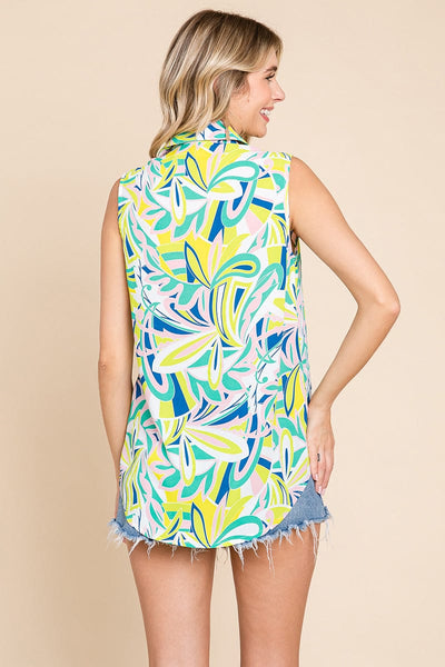 Collared  Sleeveless  Printed Blouse