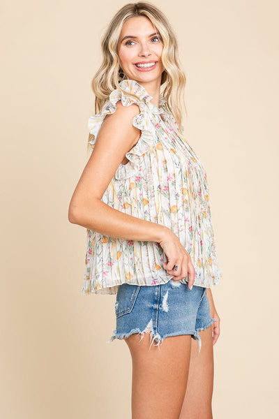 Floral Sleeveless Frill Neck Pleated Babydoll Tops