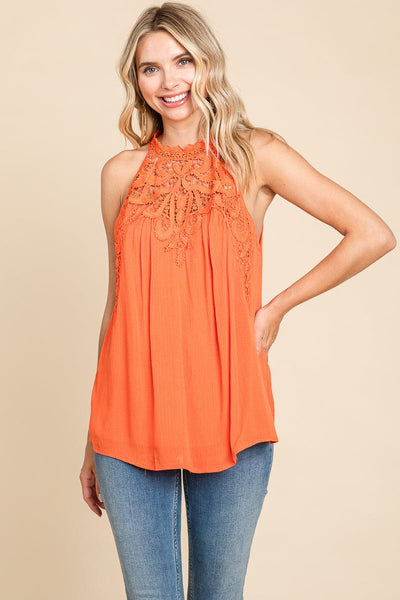 Lace Round Neck Sleeveless Cami Cotton Tops