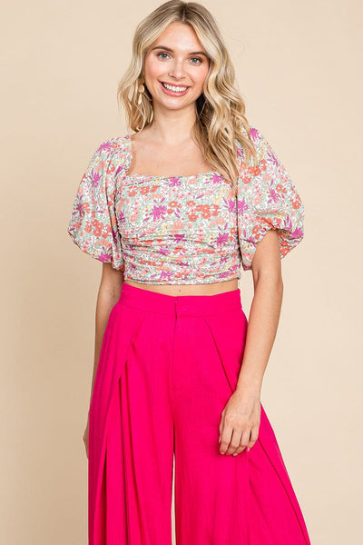 Floral Puff Sleeve Ruched Smocked Cotton Tank Top