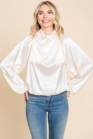 Cowl Neck Long Sleeve Satin Blouse Top