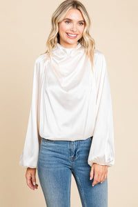 Cowl Neck Long Sleeve Satin Blouse Top