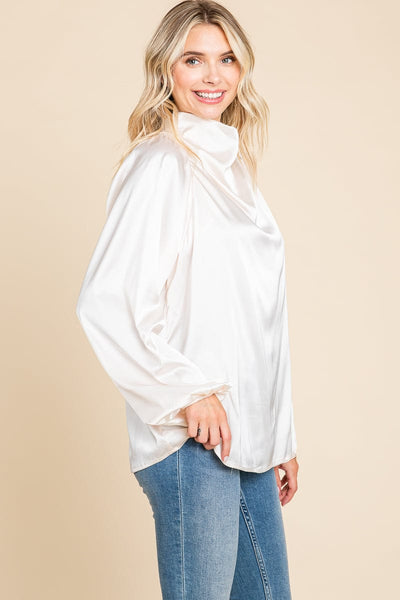 Cowl Neck Long Sleeve Satin Blouse Top