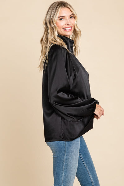 Cowl Neck Long Sleeve Satin Blouse Top