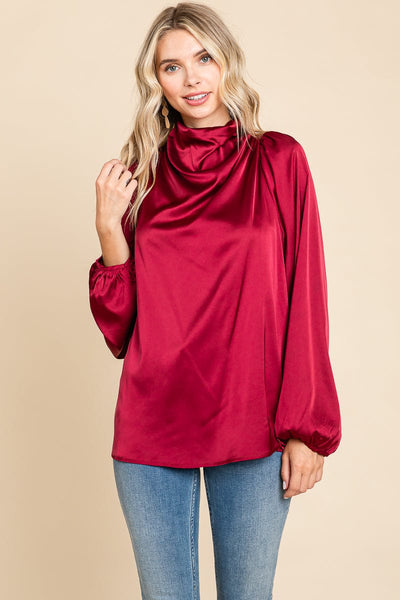 Cowl Neck Long Sleeve Satin Blouse Top