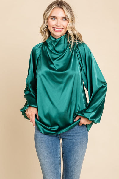 Cowl Neck Long Sleeve Satin Blouse Top