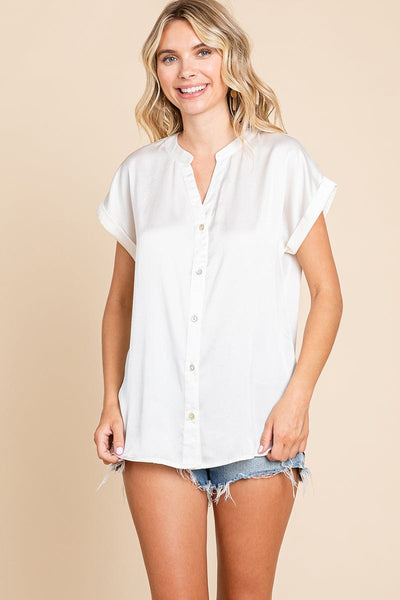 Short Sleeve V neck Button Down Satin Shirt