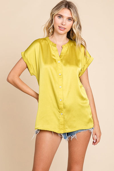 Short Sleeve V neck Button Down Satin Shirt