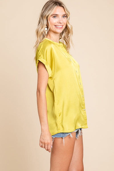 Short Sleeve V neck Button Down Satin Shirt