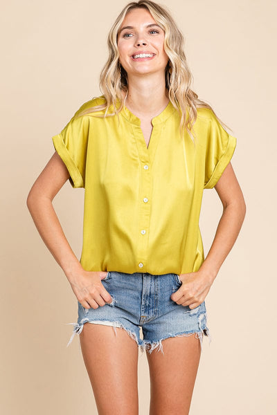 Short Sleeve V neck Button Down Satin Shirt