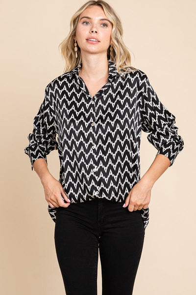 Chevron Long Sleeve Collared Satin Shirt Blouse