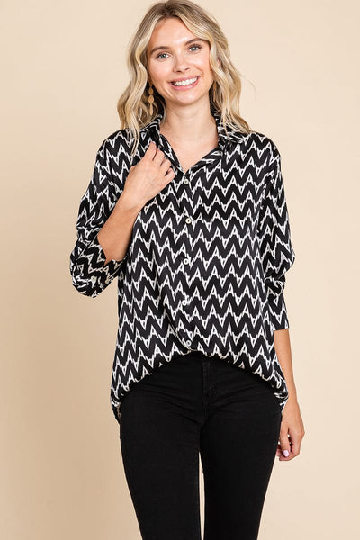 Chevron Long Sleeve Collared Satin Shirt Blouse