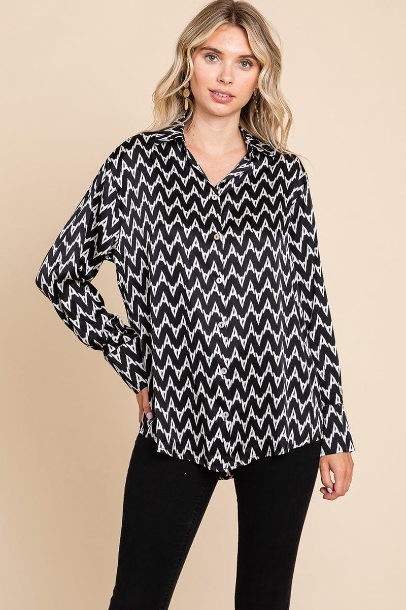 Chevron Long Sleeve Collared Satin Shirt Blouse