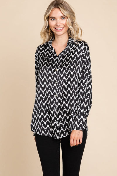 Chevron Long Sleeve Collared Satin Shirt Blouse