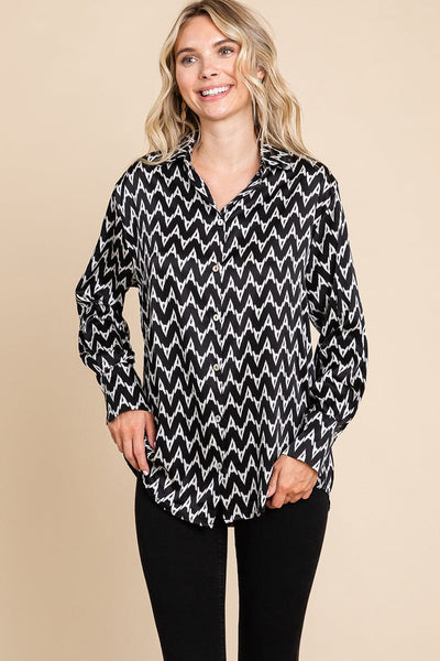 Chevron Long Sleeve Collared Satin Shirt Blouse