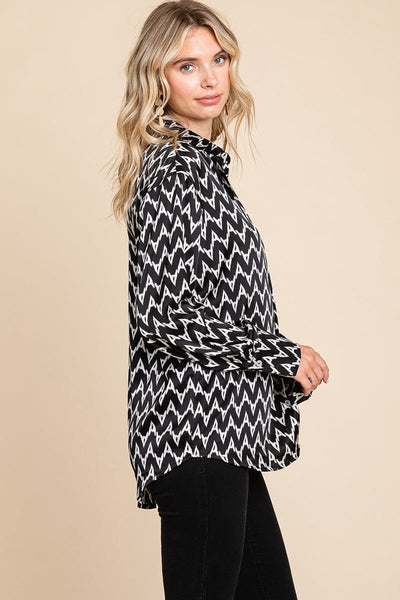 Chevron Long Sleeve Collared Satin Shirt Blouse